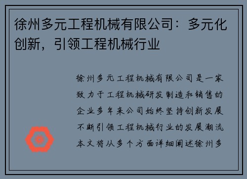 徐州多元工程机械有限公司：多元化创新，引领工程机械行业