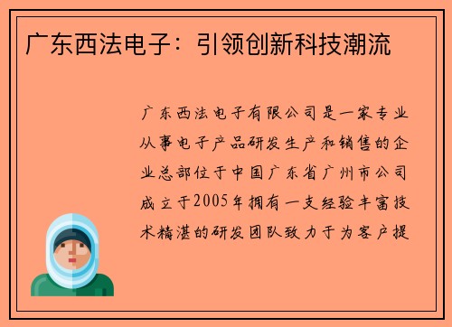 广东西法电子：引领创新科技潮流